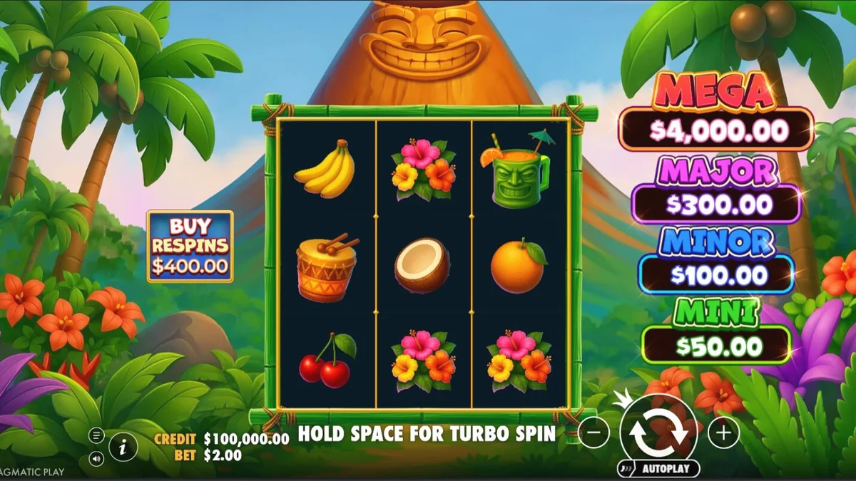 Cenário tropical vibrante de Super Tiki Strike com elementos de ilha e vulcão